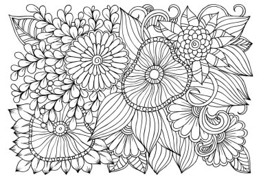 Doodle çiçek desenli siyah ve beyaz. Boyama kitabı sayfası