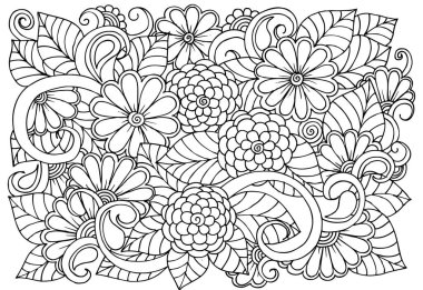 Doodle çiçek desenli siyah ve beyaz. Boyama kitabı sayfası