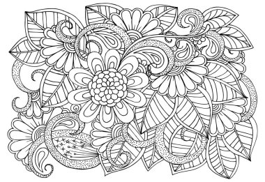 Doodle çiçek desenli siyah ve beyaz. Boyama kitabı sayfası