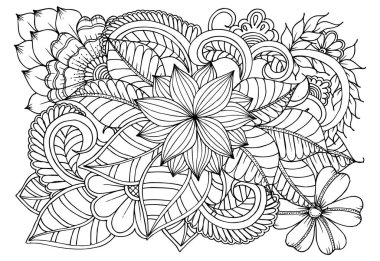 Doodle çiçek desenli siyah ve beyaz. Boyama kitabı sayfası