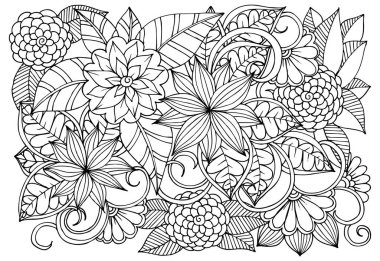 Doodle çiçek desenli siyah ve beyaz. Boyama kitabı sayfası