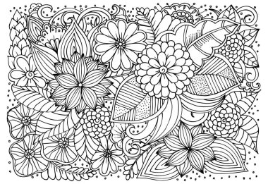 Doodle çiçek desenli siyah ve beyaz. Boyama kitabı sayfası