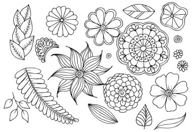 Tasarım veya boyama doodle çiçek öğeleri kümesi