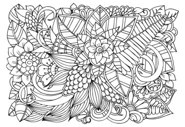 Doodle çiçek desenli siyah ve beyaz. Boyama kitabı sayfası