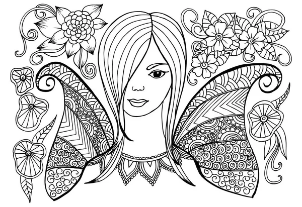 Vektorové květiny doodle a dívka v černé a bílé — Stockový vektor