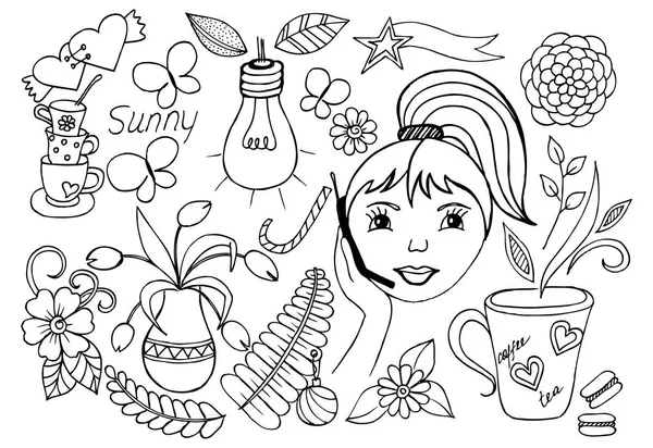 Conjunto de elementos doodle para design ou coloração. Vaso com flores — Vetor de Stock