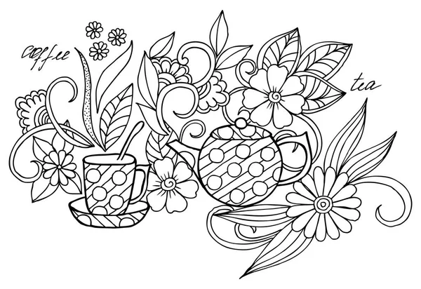 Doodle малює чашку трав'яного чаю на столі і красиву квітку — стоковий вектор