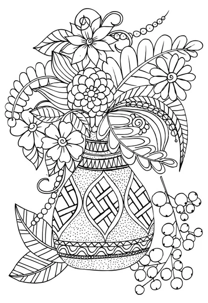 Blumen in einer Vase. Doodle-Zeichnung in Schwarz-Weiß — Stockvektor