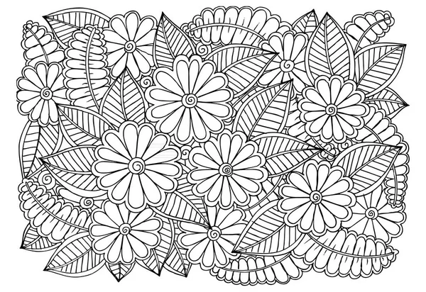 Doodle květinovým vzorem v černé a bílé. Stránka pro omalovánky — Stockový vektor