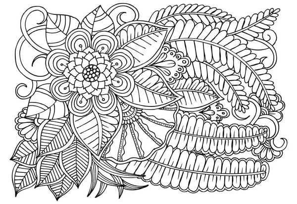 Doodle motif floral en noir et blanc. Page pour livre à colorier — Image vectorielle