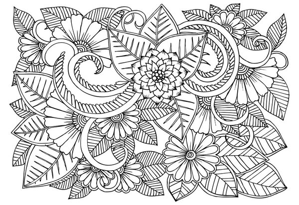 Doodle floral pattern in black and white. Page for coloring book