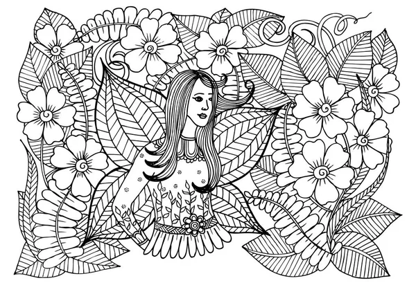 Vector bloemen doodle en meisje in zwart-wit — Stockvector