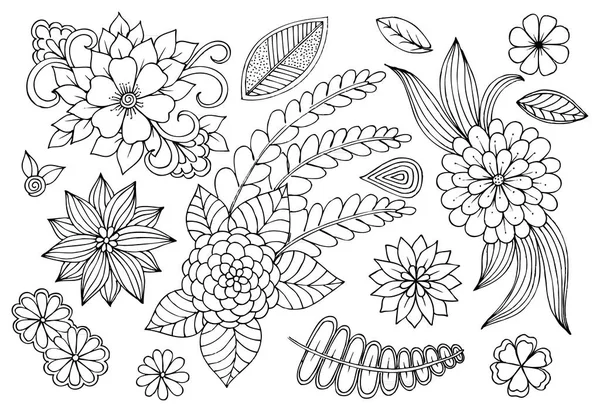 Uppsättning av doodle blommiga inslag för design eller färg — Stock vektor