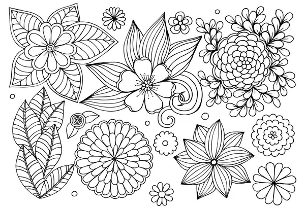 Uppsättning av doodle blommiga inslag för design eller färg — Stock vektor