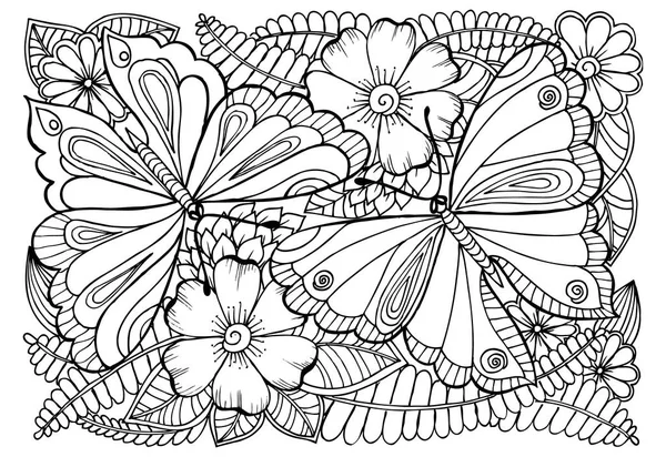 Vektorové kreslení motýlů a květinový vzor pro barvení. — Stockový vektor