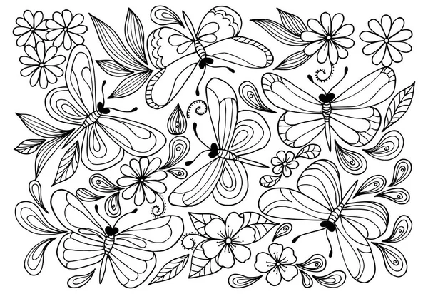 Vector butterflies anf doodle flowers for coloring book. — Stock Vector