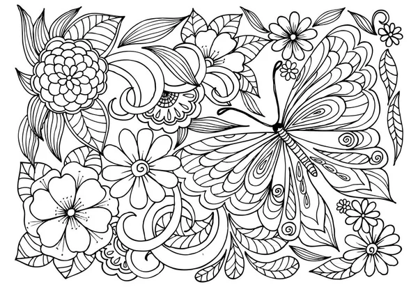 Black and white flower pattern with butterfly for adult coloring — Stock Vector