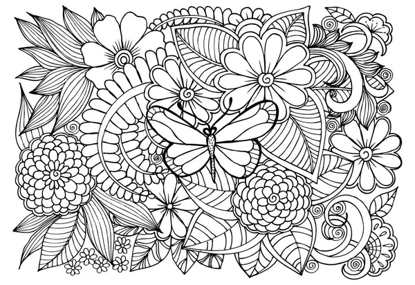 Patrón de flores blanco y negro con mariposas para colores adultos — Vector de stock