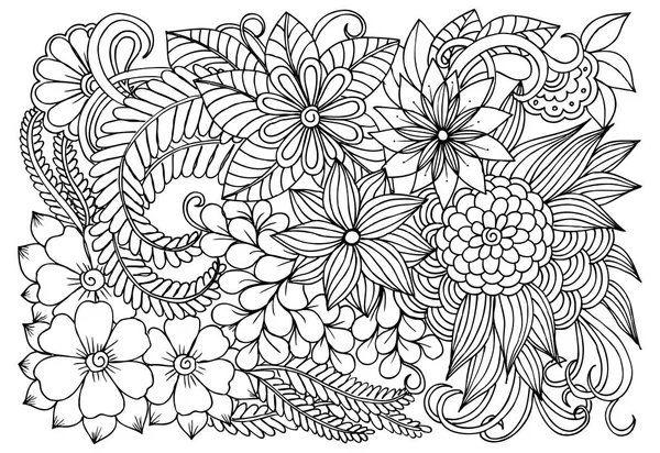 흑인과 백인 낙서 꽃 패턴입니다. 색칠 공부 페이지 — 스톡 벡터