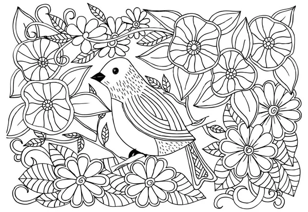Bird and flowers. Doodle black and white drawing — Stock Vector