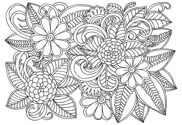 Doodle floral pattern in black and white. Page for coloring book