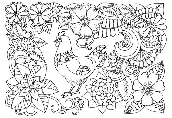 Pájaro y flores. Doodle dibujo en blanco y negro — Vector de stock