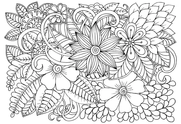 Patrón floral Doodle en blanco y negro. Página para colorear libro — Vector de stock