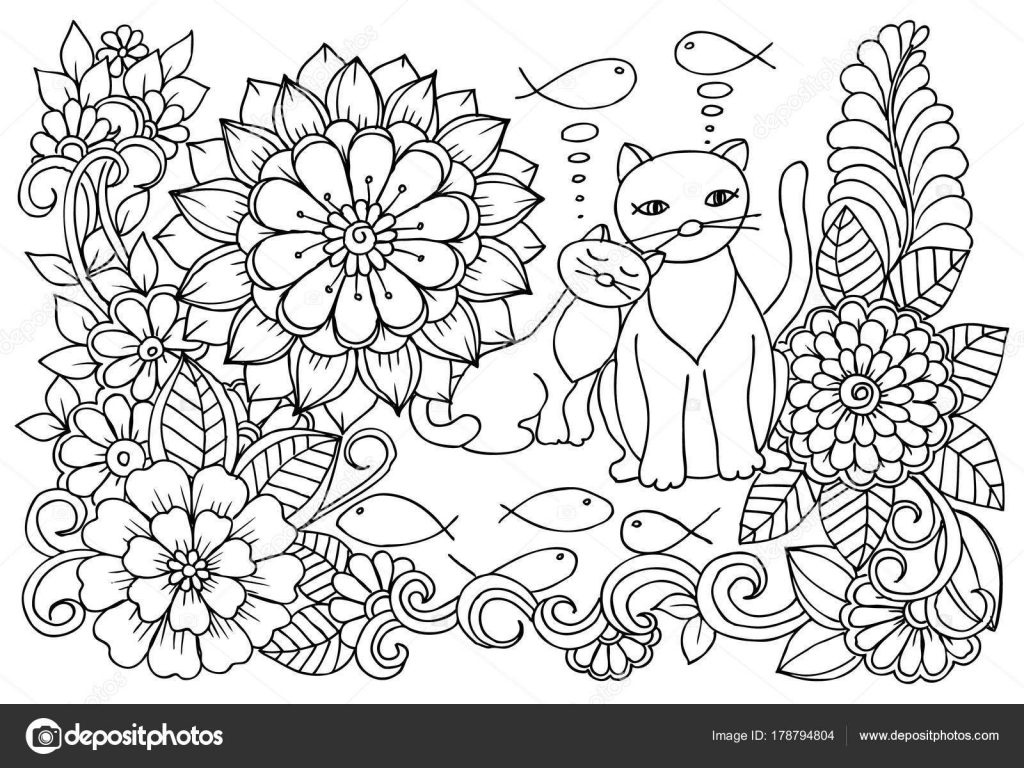 おいしい魚の猫の夢。モノクロの花のぬりえ — ストックベクター © Emila1604 #178794804