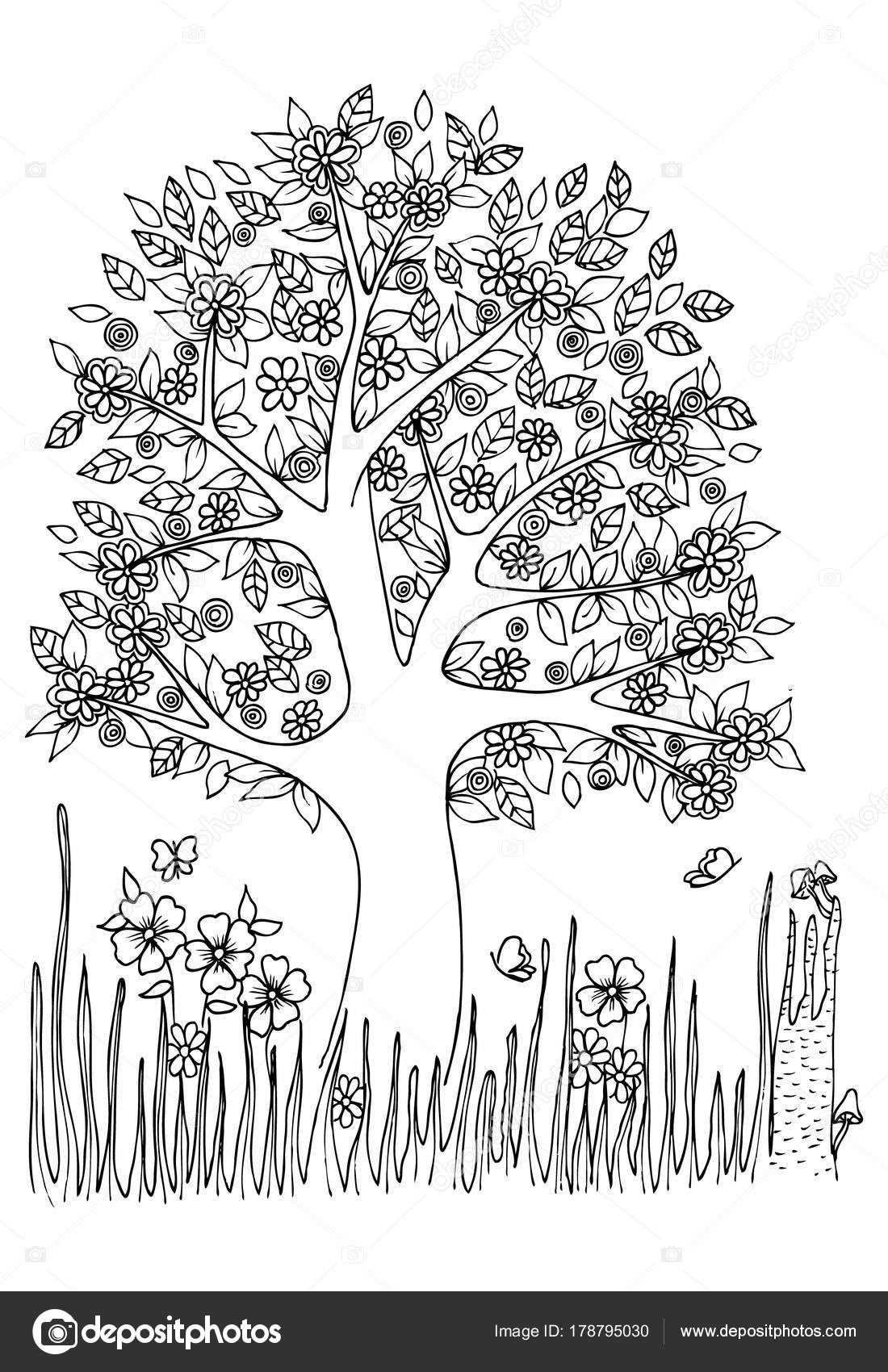 Tree doodle art Tree and Flowers in black and white. Doodle art for