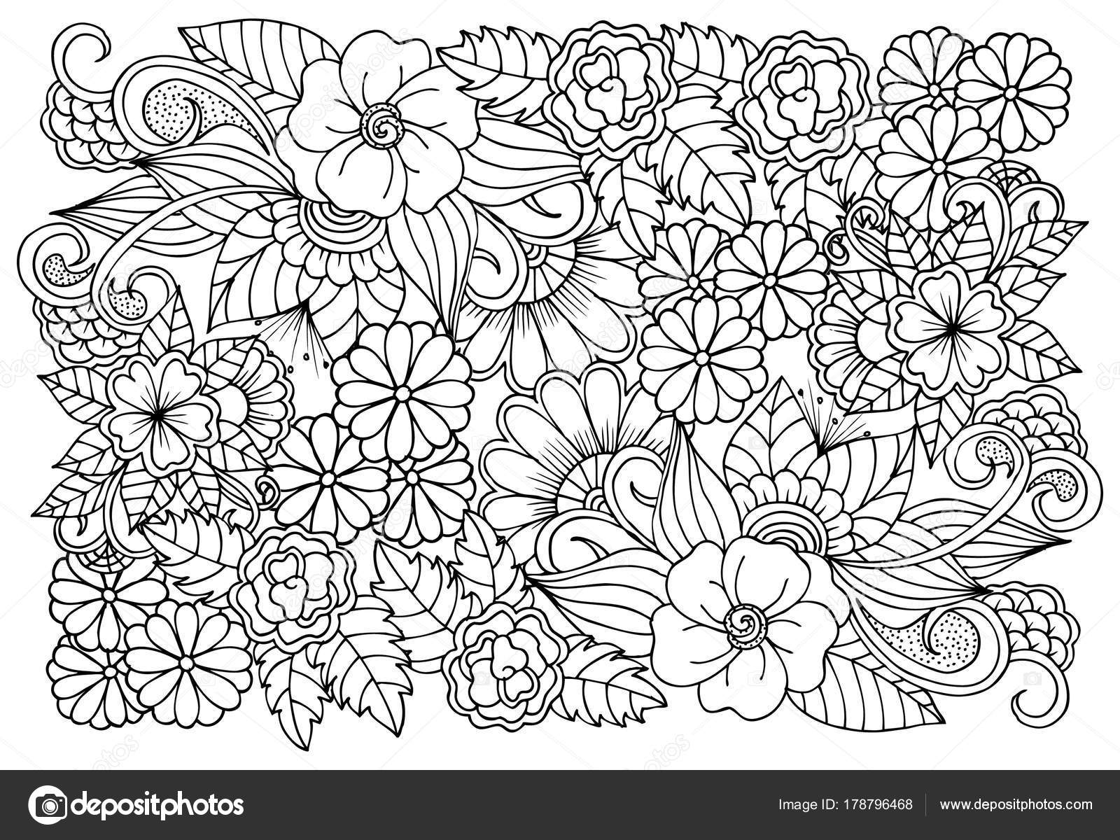 Reticolo di fiore bianco e nero per libro da colorare adulto Disegno floreale di Doodle Pagina da colorare di arte terapia — Vettoriali di Emila1604