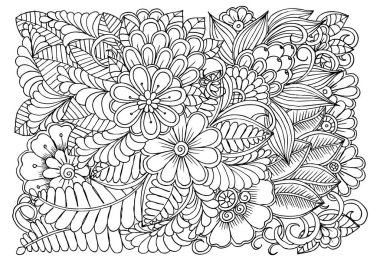 Doodle çiçek desenli siyah ve beyaz. Boyama kitabı sayfası