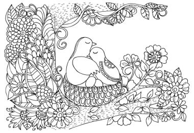Kuş ve çiçek. Siyah ve beyaz çizim doodle