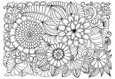 Doodle çiçek desenli siyah ve beyaz. Boyama kitabı sayfası