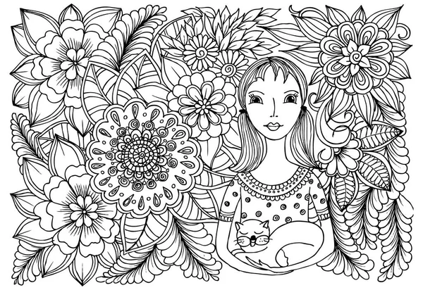Vector flowers doodle and girl in black and white — Stock Vector