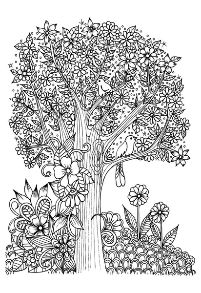 Flowers in black and white. Tree with birds. Doodle art for colo — Stock Vector