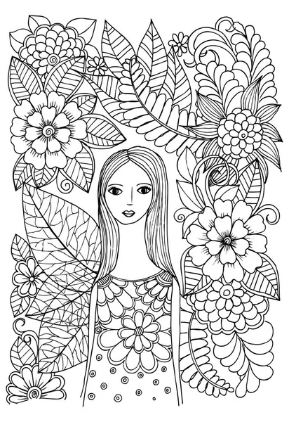 Vector bloemen doodle en meisje in zwart-wit — Stockvector