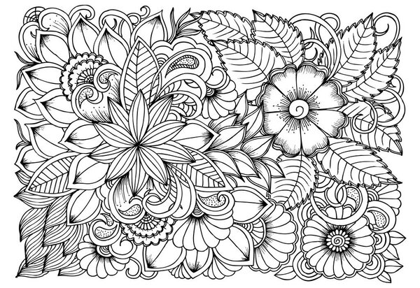 Black and white flower pattern for coloring. Doodle floral drawi