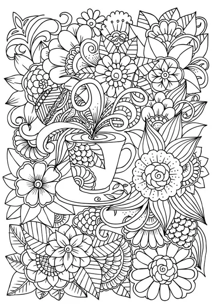 Çizim bir tablo ve güzel çiçek bitki çayı fincan doodle