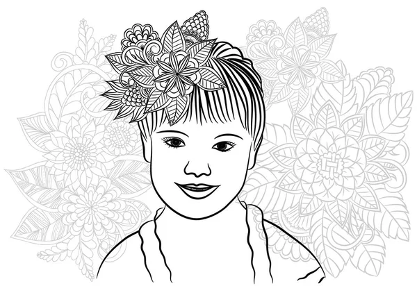Lächelndes kleines Mädchen und florale Kritzeleien in schwarz-weiß — Stockvektor