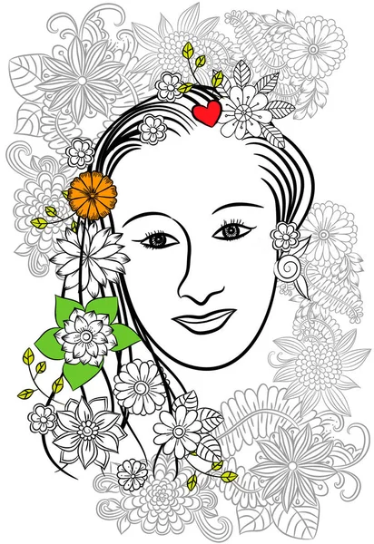 Schönes Gesicht und Blumen-Doodle in schwarz und weiß — Stockvektor