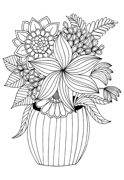 Blumenstrauß in der Vase. Schwarz-Weiß-Zeichnung. verwenden kann. — Stockvektor