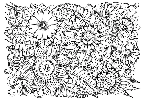 Black and white flower pattern for adult coloring book. Doodle f — Stock Vector