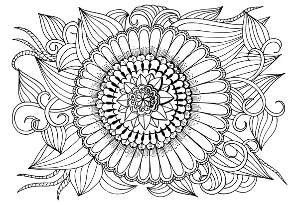 Fekete-fehér virág kör mintát felnőtt kifestőkönyv. — Stock Vector
