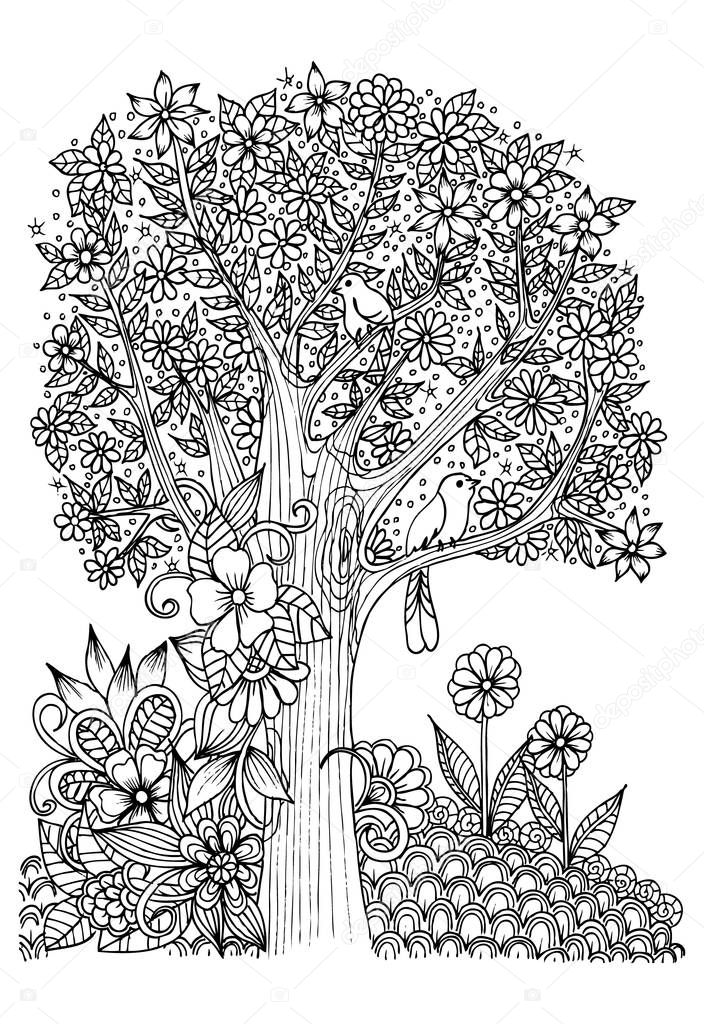 Flowers in black and white. Tree with birds. Doodle art for colo