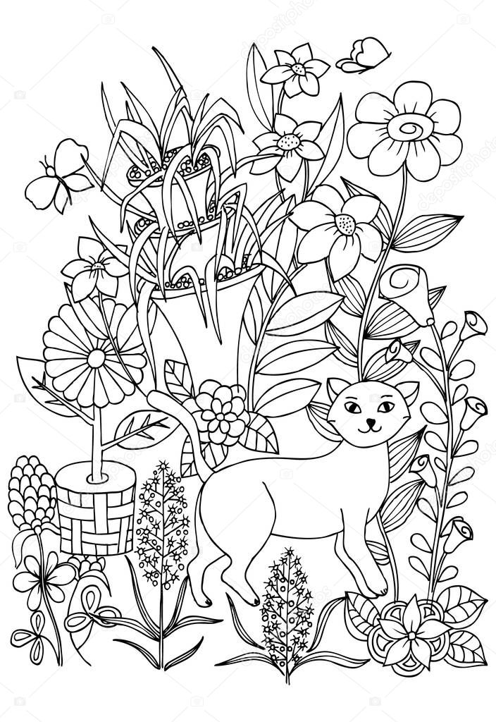 Pictures : coloring flowers and butterflies | Coloring page with cat