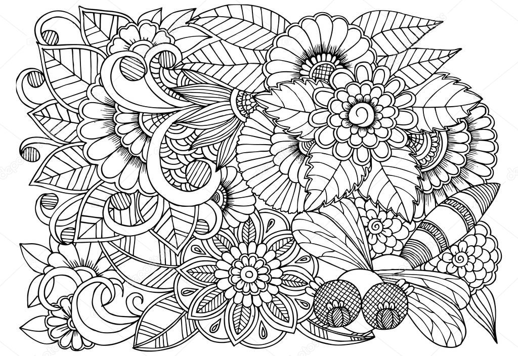 Black and white flower pattern for coloring. Doodle floral drawi