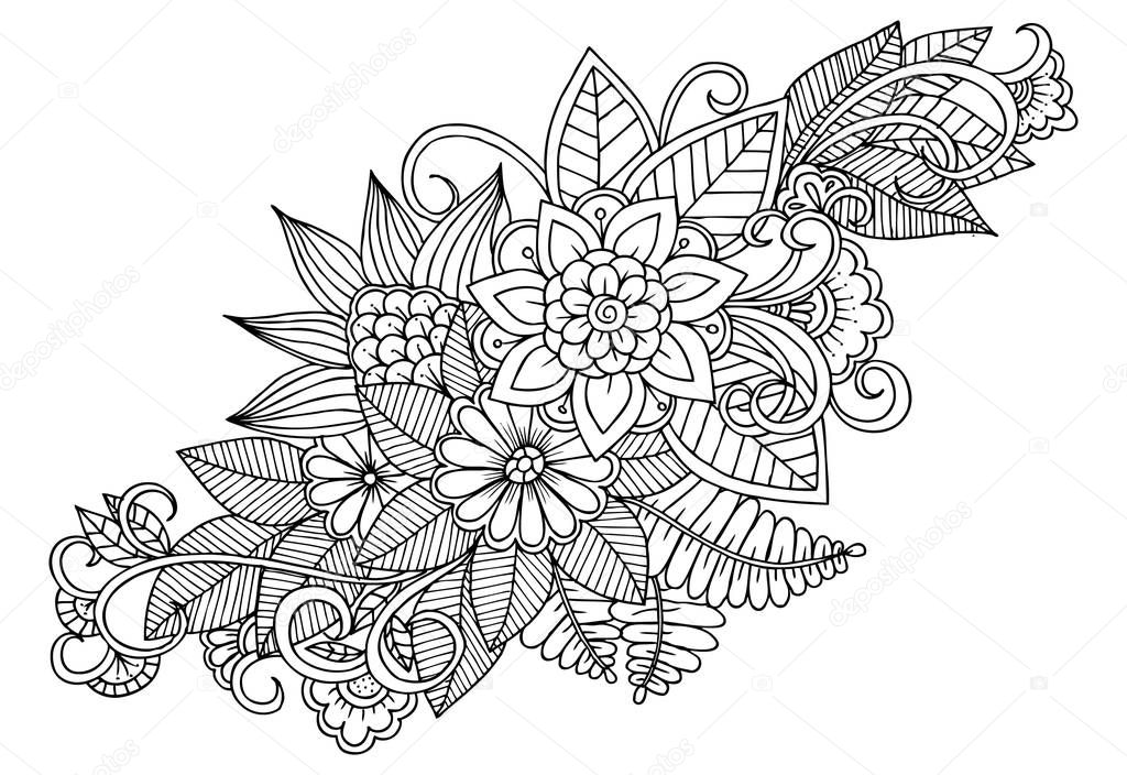 Black and white flower pattern for adult coloring book.