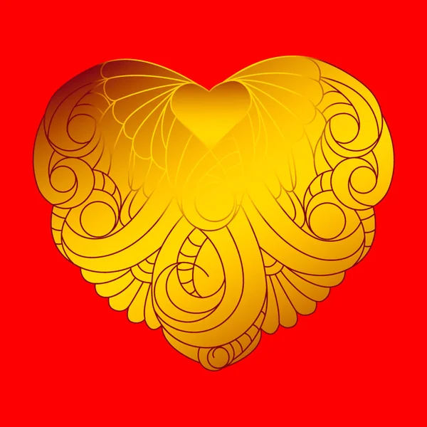 Valentine's day card. Gold heart  on a red background — Stock Vector
