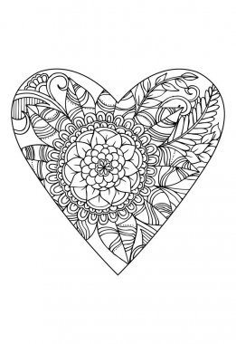 Boyama kitabı stili. Sevgililer Günü teması. Kalp çiçek desenli. Vektör beyaz ve siyah kitap boyama için çizilmiş. 