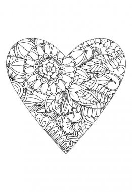 Boyama kitabı stili. Sevgililer Günü teması. Kalp çiçek desenli. Vektör beyaz ve siyah kitap boyama için çizilmiş. 